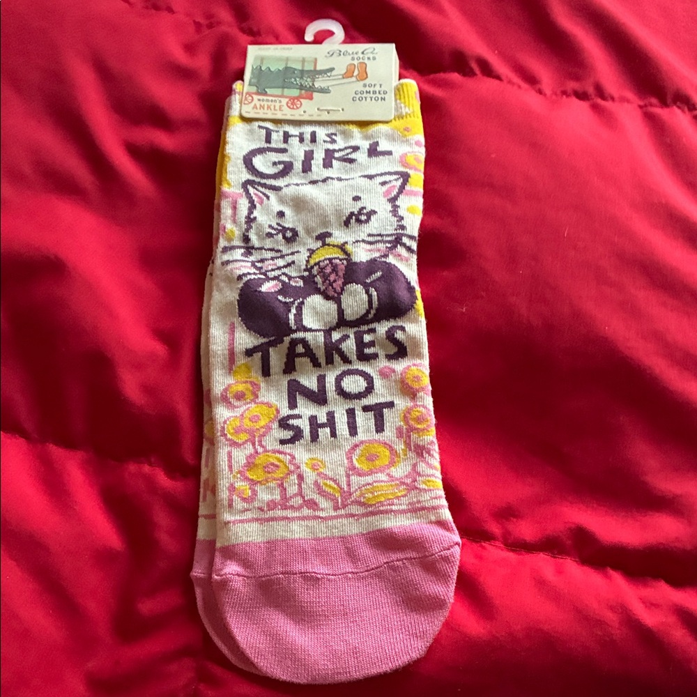 NWT Blue Q Pink & Purple Cat Novelty Ankle Socks - This Girl Takes No Shit